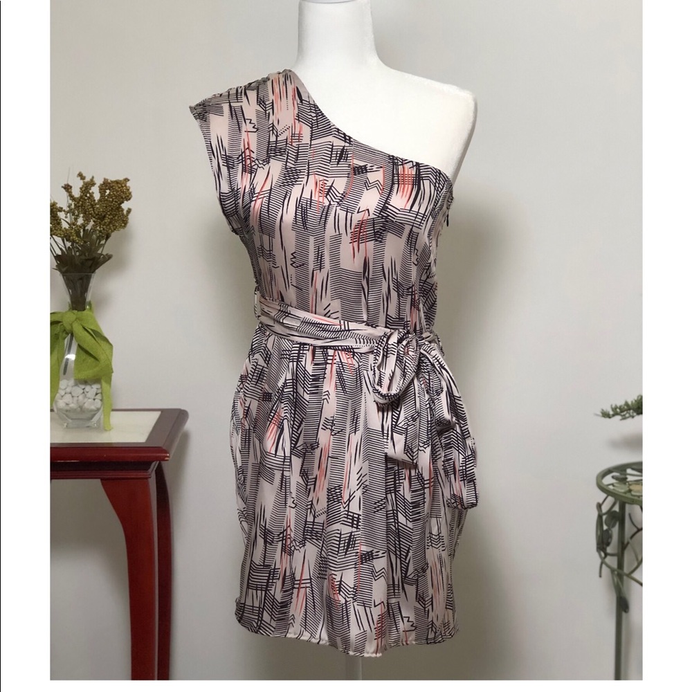 NWOT Retro, Line Pattern, Silk One Shoulder Dress